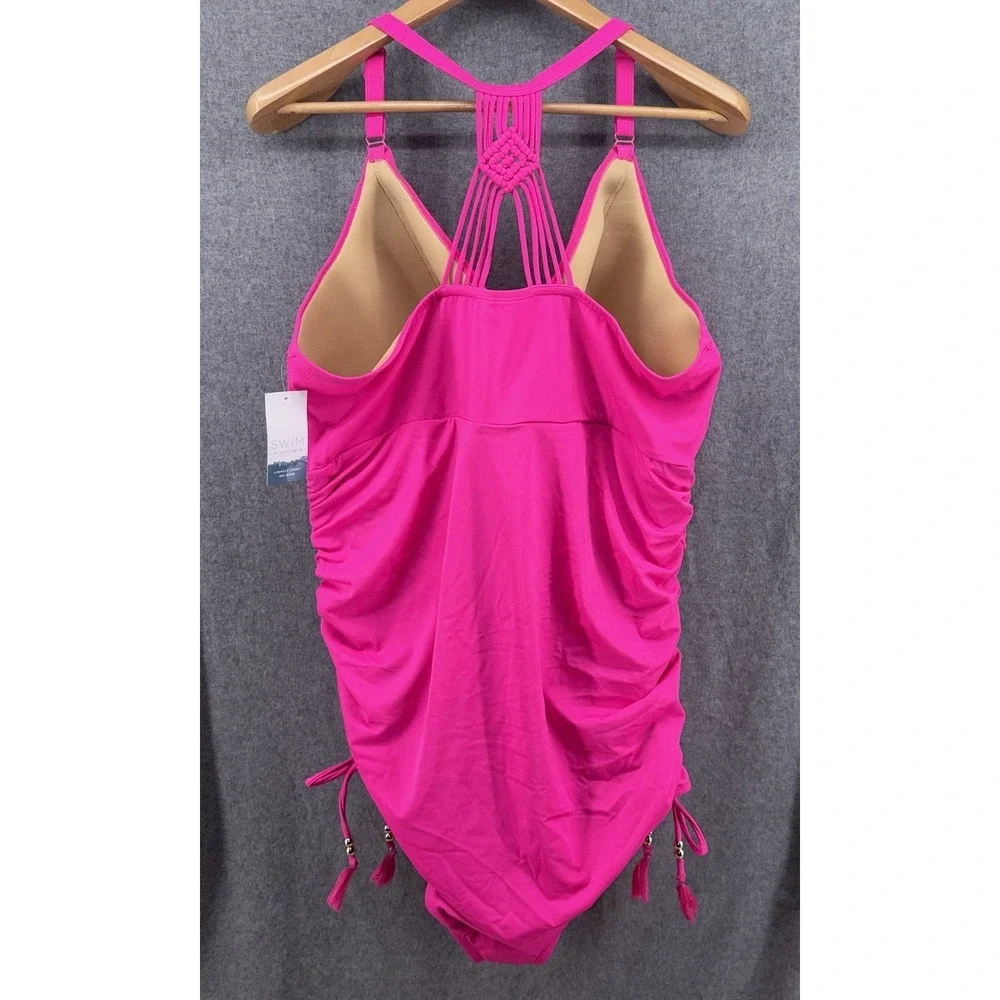 Cacique Lane Bryant 28 Hot Pink One Piece Swim Suit Macrame Racerback Ruched New